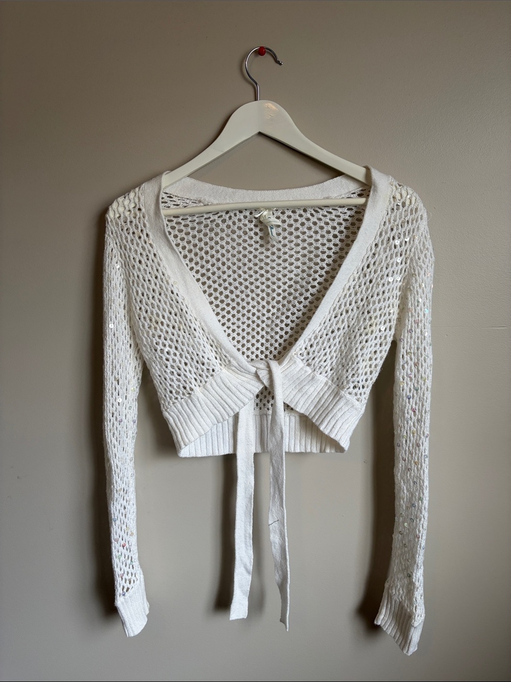 Open-Knit Tie-Front Cropped Cardigan - Cream